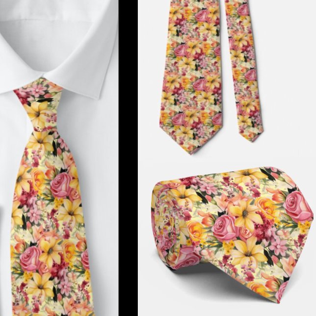 Spring Summer Pink and Yellow Floral Neck Tie (Creator Uploaded)
