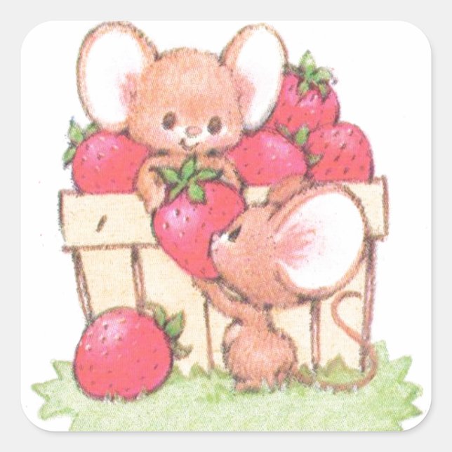 Spring Summer Strawberry Workshop Mice Square Sticker (Front)