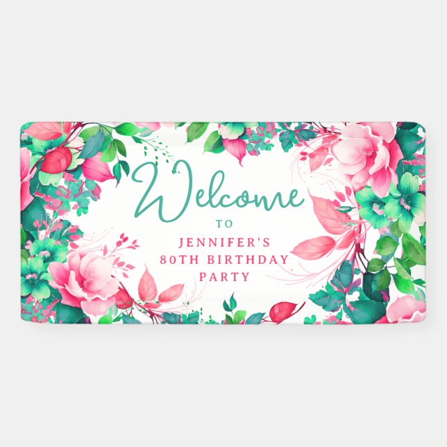 Spring Summer Watercolor Floral 80th Birthday  Banner (Horizontal)