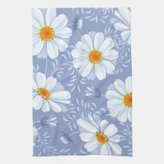Spring Summer White Flower Blue Pattern Tea Towel (Vertical)