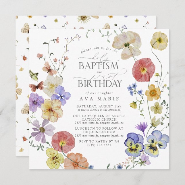 Spring Summer Wildflower Baptism 1st Birthday Invitation (Front/Back)