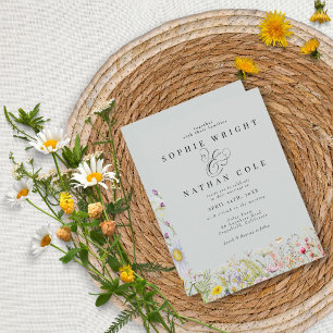 Spring Summer Wildflower Blush Blue Boho Wedding Invitation