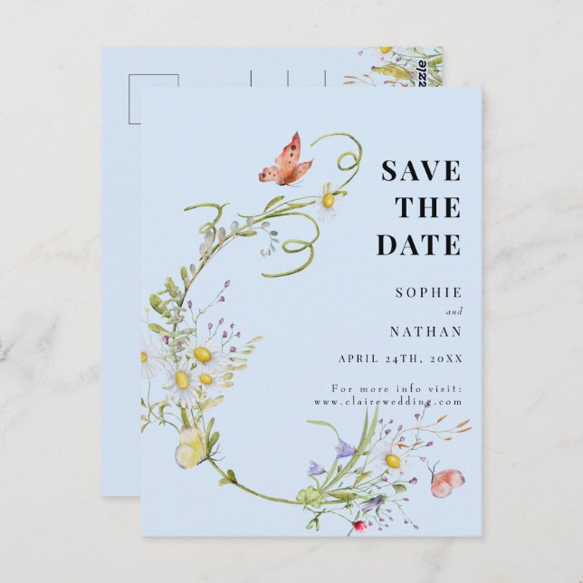 Spring Summer Wildflower Light Blue Save the Date Postcard (Front/Back)