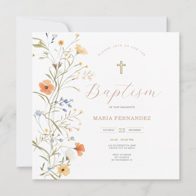 Spring Summer Wildflowers Christening Invitation (Front)