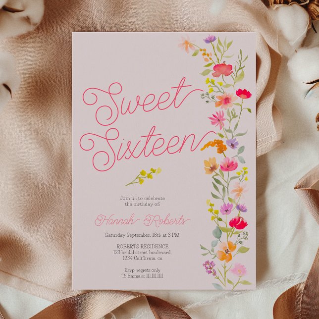 Spring summer wildflowers floral Sweet 16 pink Invitation (Spring summer wildflowers floral Sweet 16 pink Invitation on pink)