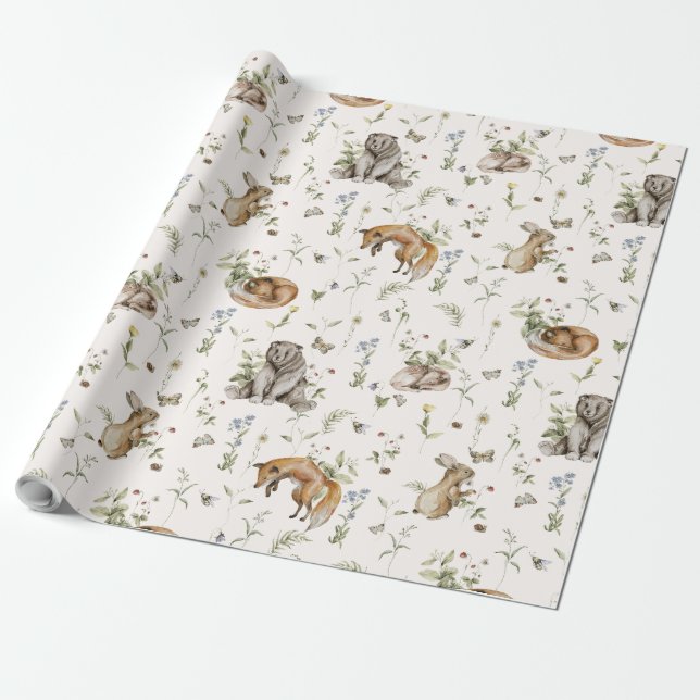Spring Summer Woodland Animal Baby Nursery Gift Wrapping Paper (Unrolled)