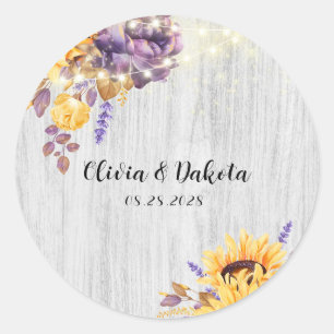 Spring Sunflower and Purple Peony Wedding Classic  Classic Round Sticker