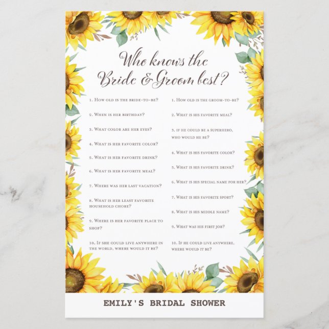 Spring Sunflower Bridal Shower Game PRINTED (Front)