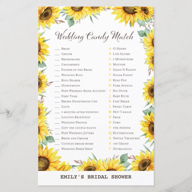 Spring Sunflower Bridal Shower Game PRINTED (Front)