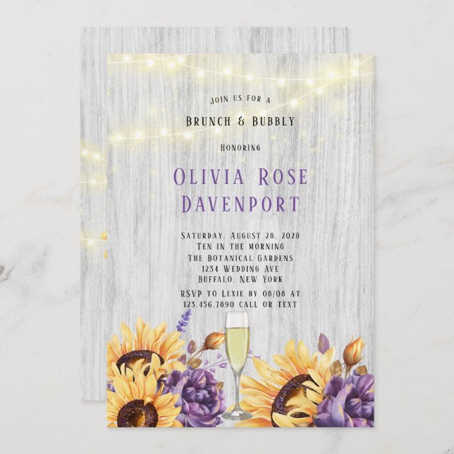 Spring Sunflower Purple Peony Brunch and Bubbly Invitation (Front/Back)