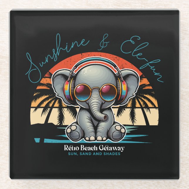 Spring Sunshine and Ele-fun Retro Beach Getaway Glass Coaster (Front)