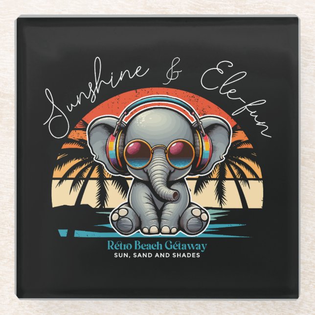 Spring Sunshine and Ele-fun Retro Beach Getaway Glass Coaster (Front)