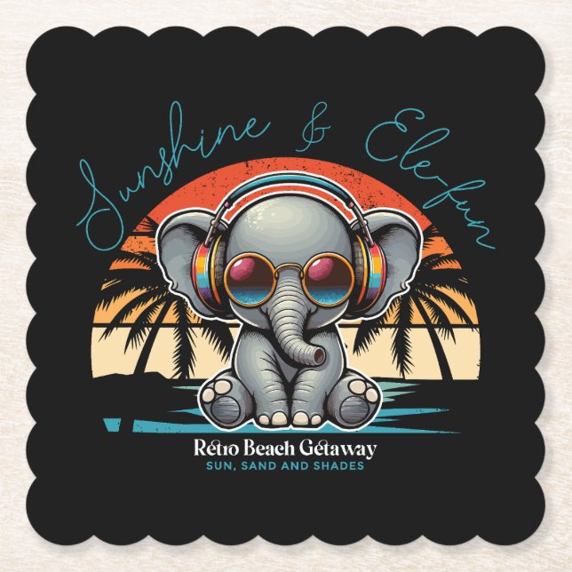 Spring Sunshine and Ele-fun Retro Beach Getaway Paper Coaster (Front)
