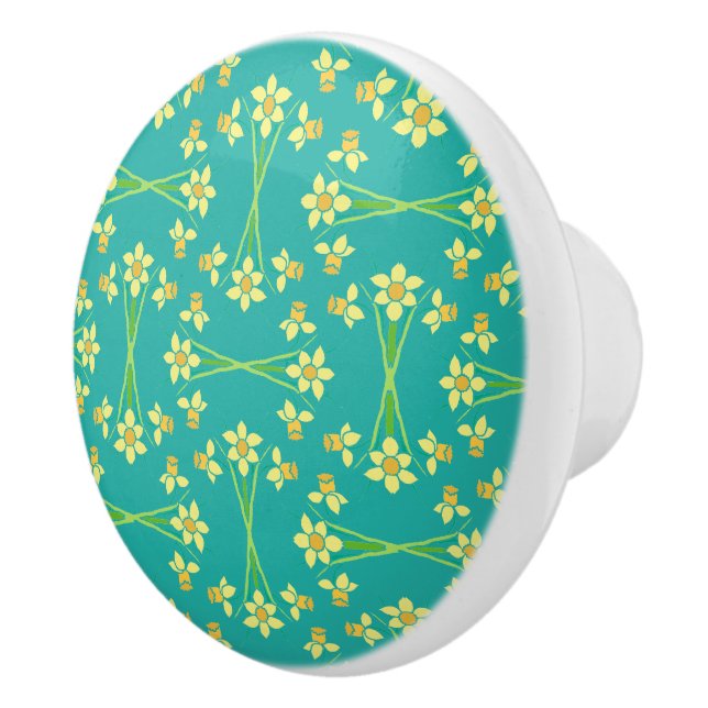 Spring Sunshine Daffodils Aqua Custom Ceramic Knob (Right)