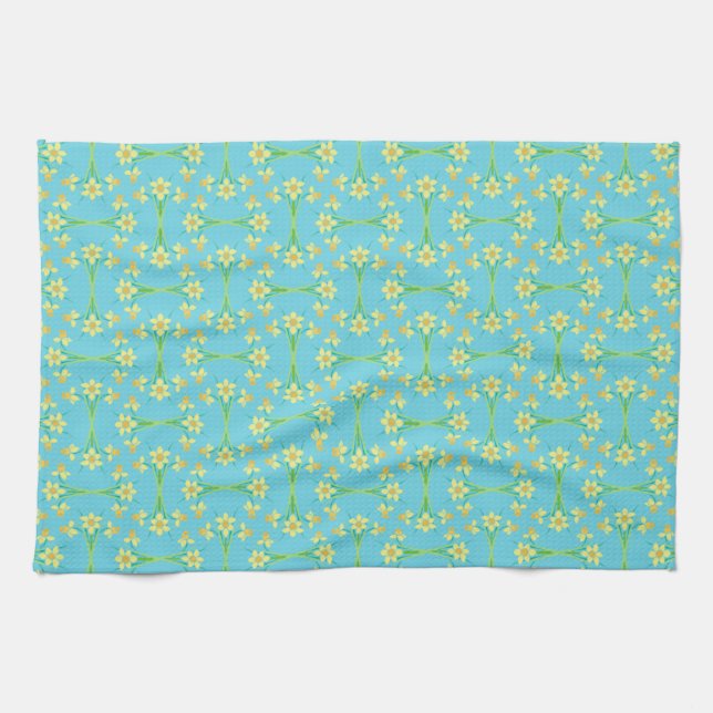 Spring Sunshine Daffodils Sky Blue Kitchen Towel (Horizontal)