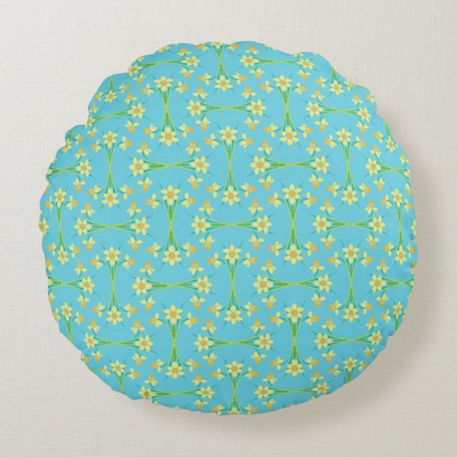 Spring Sunshine Daffodils Sky Blue Round Pillow (Front)