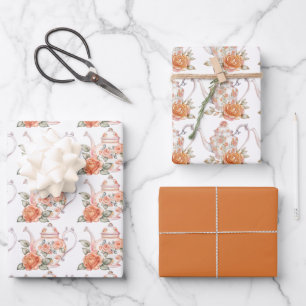 Spring Tea Party Orange Teapots and Roses Wrapping Paper Sheet