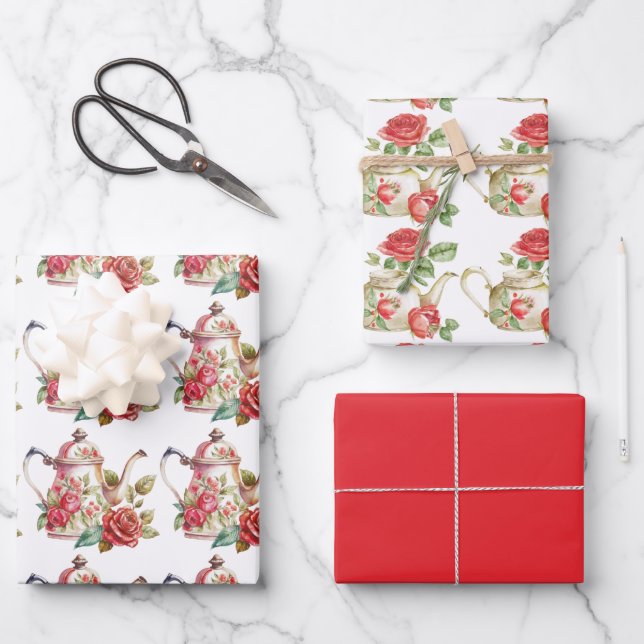Spring Tea Party Red Teapots and Roses Wrapping Paper Sheet (Front)