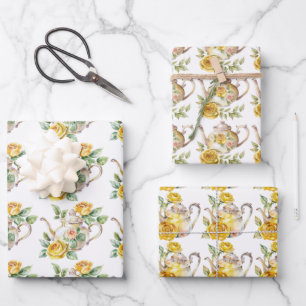 Spring Tea Party Yellow Teapots and Roses Wrapping Paper Sheet