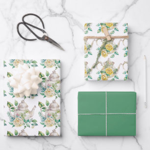 Spring Tea Party Yellow Teapots and Roses Wrapping Paper Sheet