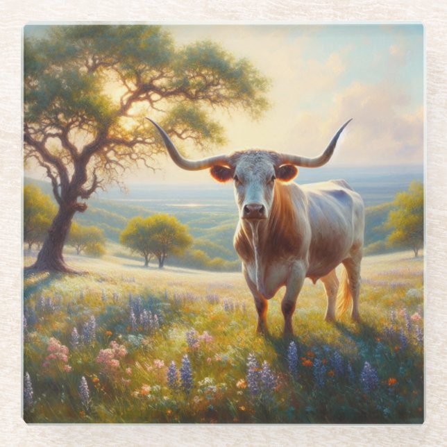 Spring Texas longhorn cow  Glass Coaster (Front)