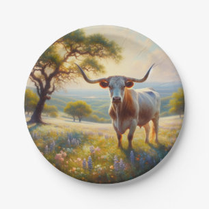 Spring Texas longhorn cow Paper Plate