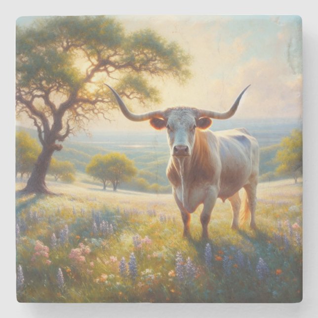 Spring Texas longhorn cow  Stone Coaster (Front)