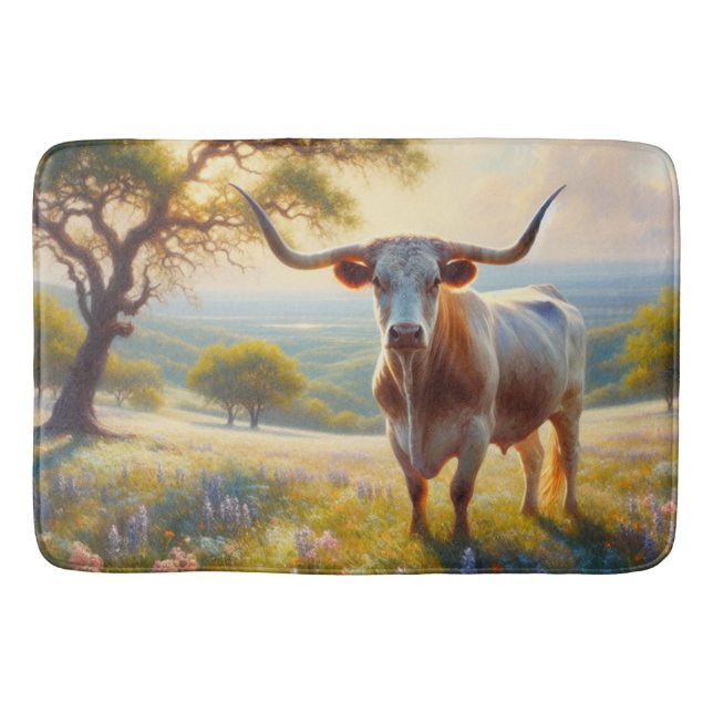 Spring Texas longhorn in a field Bath Mat (Front)