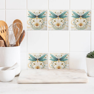 Spring Themed Whimsical Blue and Gold Dragonfly  Ceramic Tile