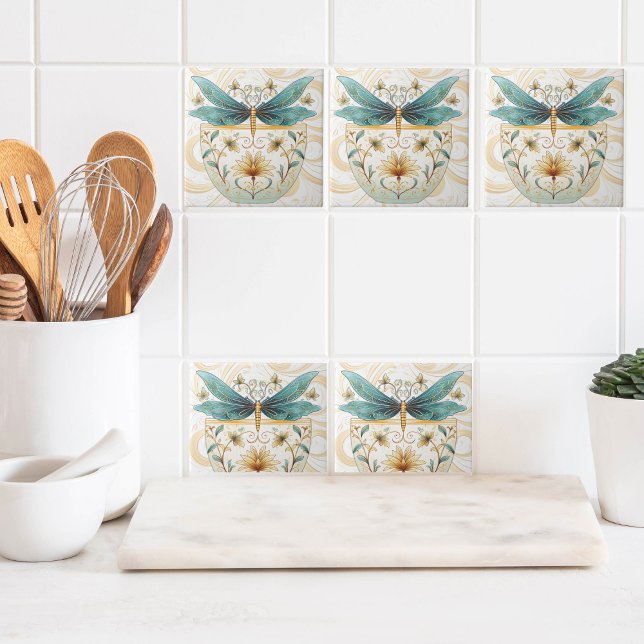 Spring Themed Whimsical Blue and Gold Dragonfly  Ceramic Tile (Aqua dragonfly and gold swirls ceramic tile for spring kitchen updates )