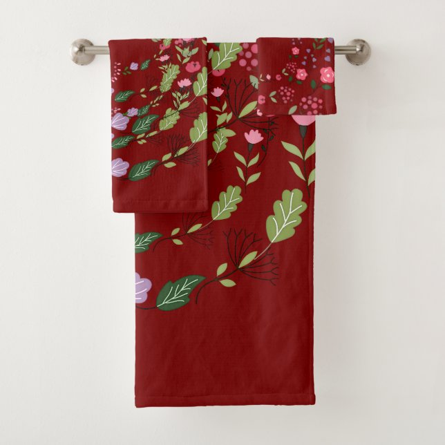 Spring Time Flowers Dk Red  Bath Towel Set (Insitu)