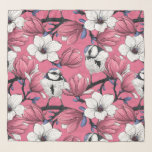 Spring time in pink scarf<br><div class="desc">Blooming magnolia and blue tit birds, I'd drawn all elements of this pattern first with ink on paper, then redrew and coloured in Illustrator to made a pattern.</div>