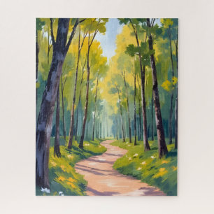 Spring Trail   Green Forest Watercolor Nature Jigsaw Puzzle