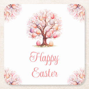 Spring Tree Easter Egg Hunt Square Paper Coaster