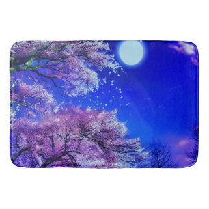 Spring tree, moon, blue sky. bath mat