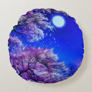 Spring tree, moon, blue sky. round cushion