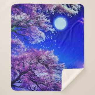 Spring tree, moon, blue sky. sherpa blanket