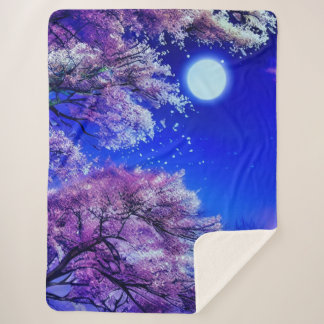 Spring tree, moon, blue sky.   sherpa blanket