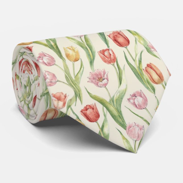 Spring Tulip Garden Floral Pattern Tie (Rolled)