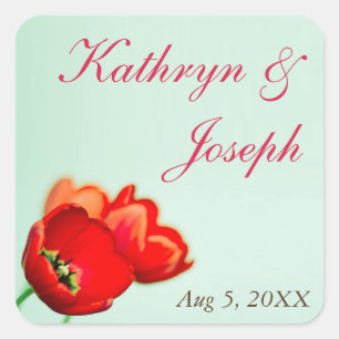 Spring tulip red floral mint wedding favour square sticker
