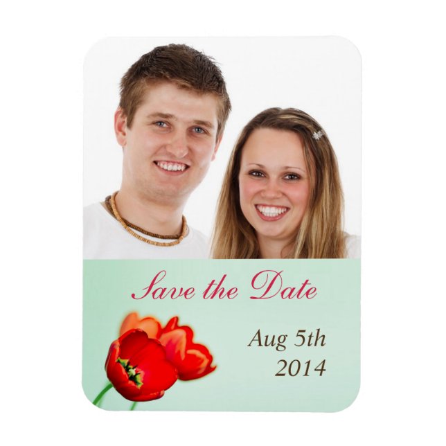 Spring tulip red floral mint wedding save the date magnet (Vertical)