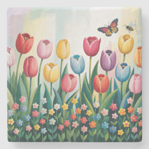 Spring Tulips and Butterflies Colourful Floral Stone Coaster