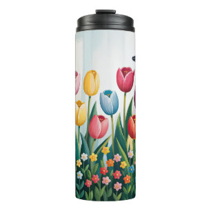 Spring Tulips and Butterflies Colourful Floral Thermal Tumbler
