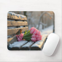 Spring Tulips and Robin On a Snowy Park Bench