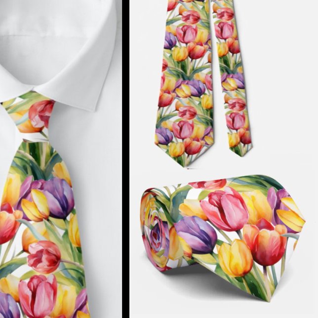 Spring Tulips Colourful Rainbow Watercolor Floral Tie (Creator Uploaded)