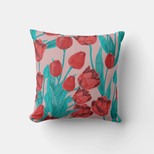 Spring tulips, hand-drawn floral pattern cushion (Front)