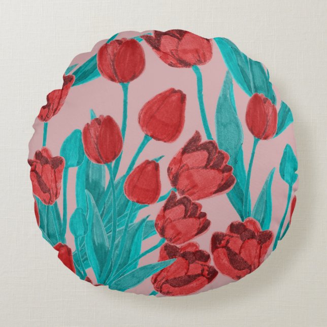 Spring tulips, hand-drawn floral pattern round cushion (Front)