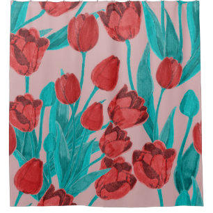 Spring tulips, hand-drawn floral pattern shower curtain