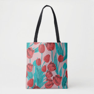 Spring tulips, hand-drawn floral pattern tote bag