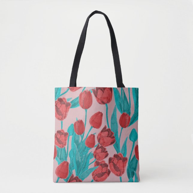 Spring tulips, hand-drawn floral pattern tote bag (Front)